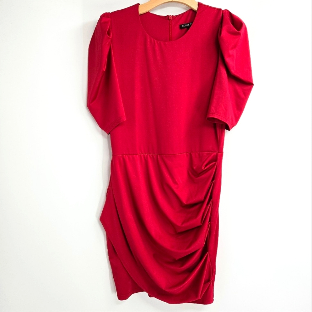 Black Halo Alexa Ruched Sheath Dress with‎ 3/4 Puff Sleeves - Picture 2 of 16